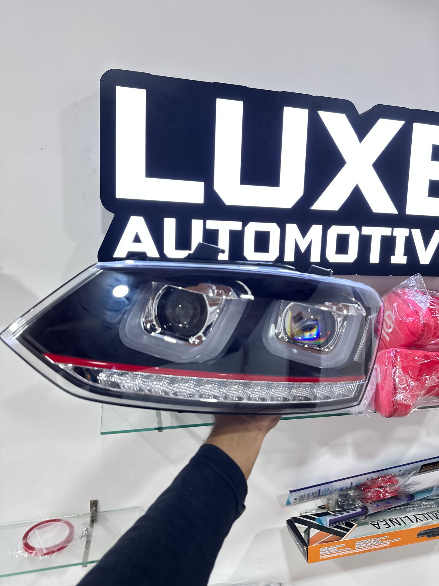 1) Polo UU Style Red Line Projector Headlights | Aftermarket