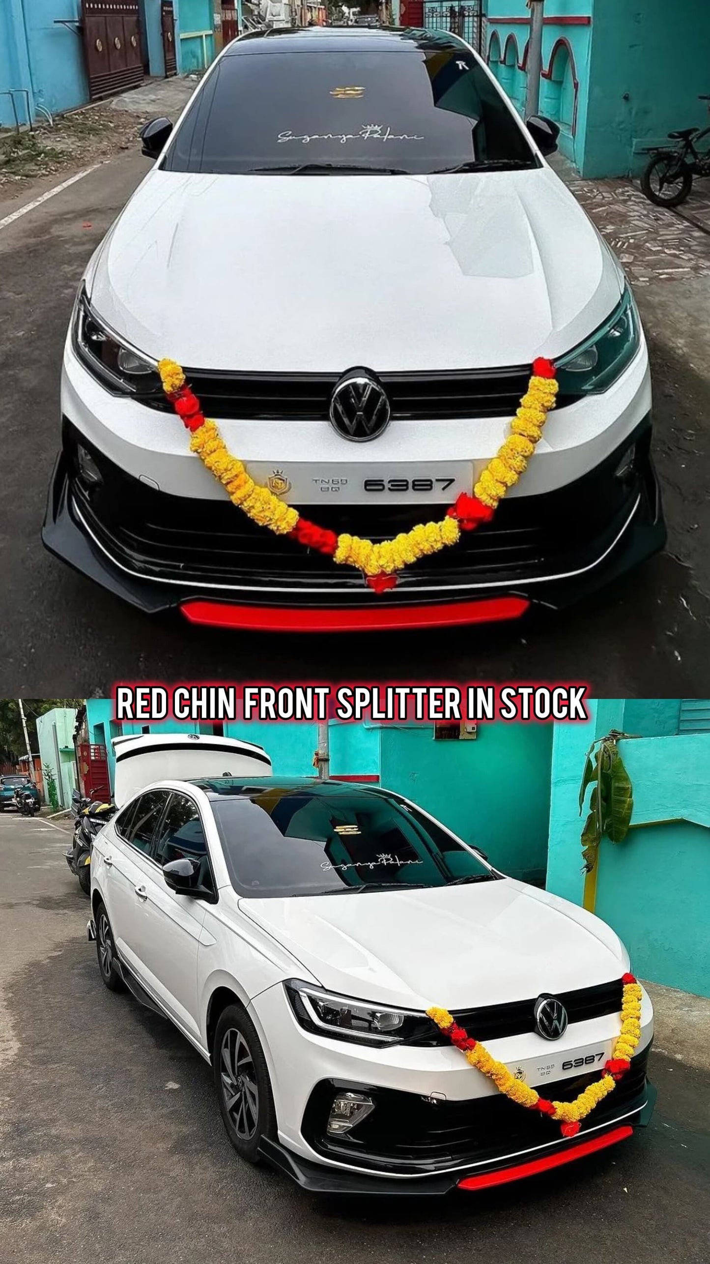 Universal Car (4 Pcs, Glossy Black with Red Tongue) Front Bumper Lip Chin Spoiler