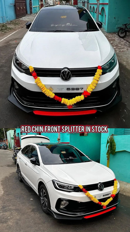 Universal Car (4 Pcs, Glossy Black with Red Tongue) Front Bumper Lip Chin Spoiler