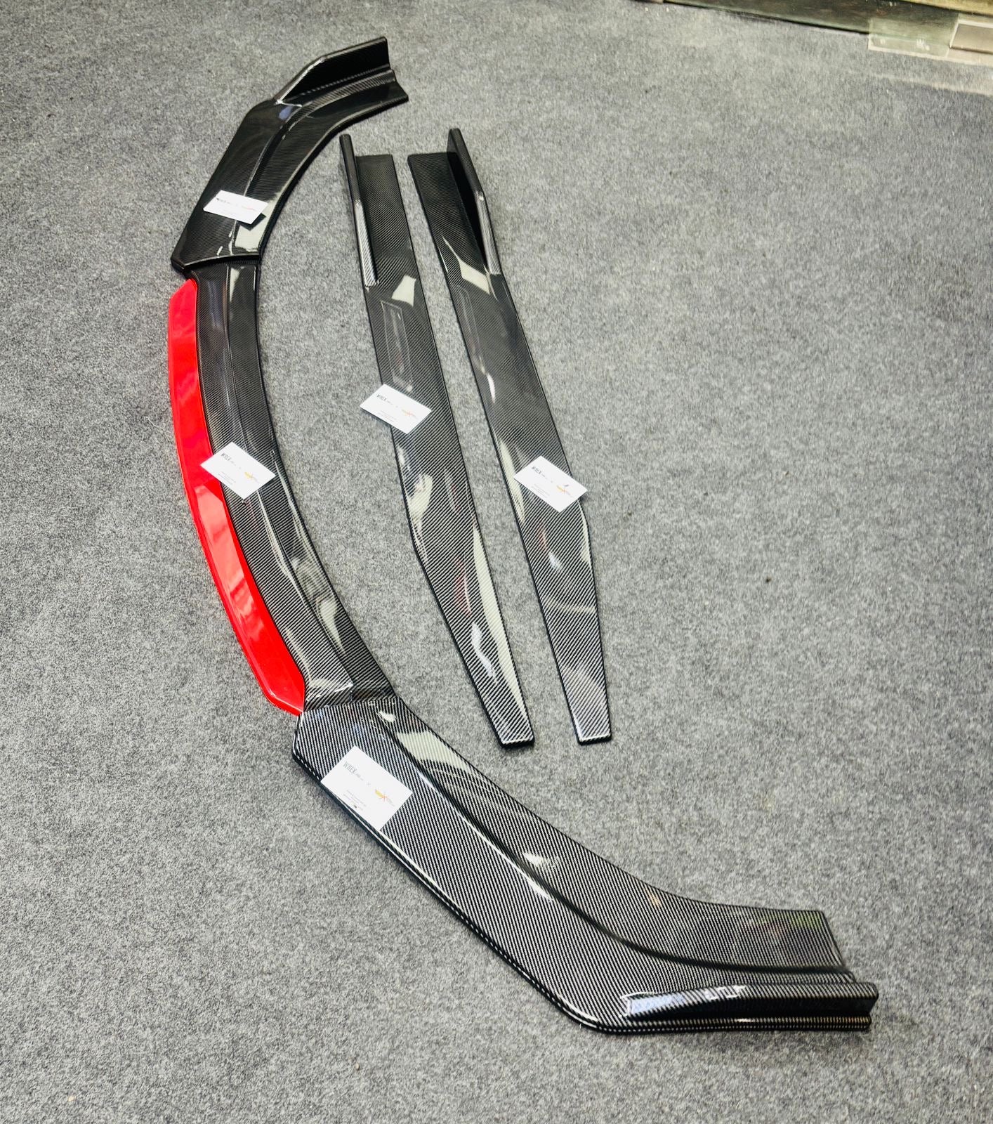 Universal 6 Pc Front & Side Carbon Fibre Splitters with Red Lip | ABS