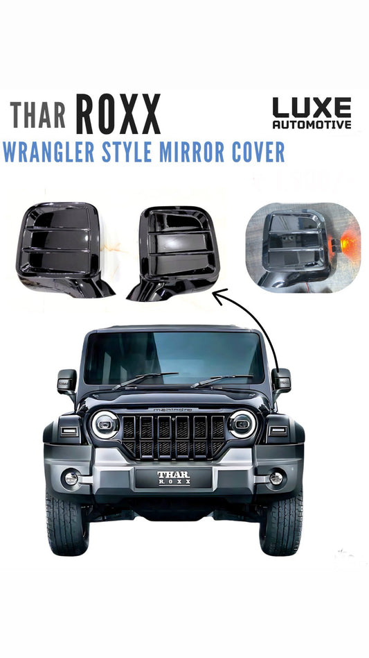 Wrangler Design Mirror Cover for Mahindra Thar Roxx 2024 Onwards - Glossy Black
