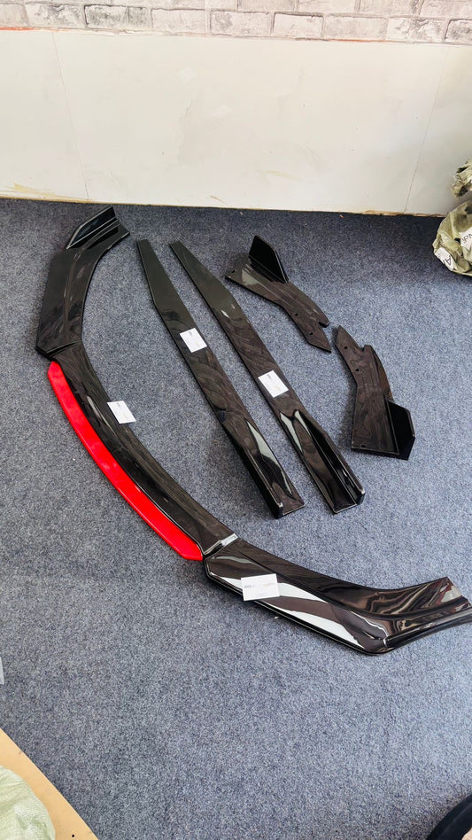 Universal 6 Pc Red Front Splitters & Side Skirts | Gloss Black | ABS